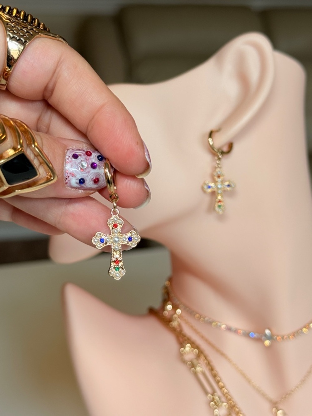 Gothic Cross Earring with Multicolor Stones LO013-1 - Picture 7 of 12